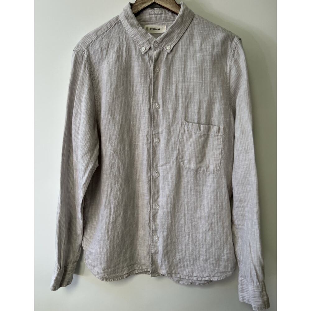 Everlane European Linen Shirt Mens Large Beige Button Down Striped Minimalist
